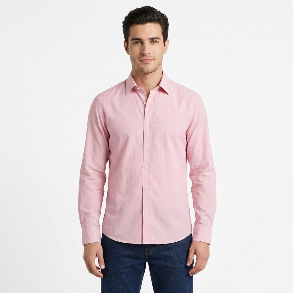 Thomas Pink Super‎ Slim Fit Dress Shirt Mens 15.5 Pink Micro Stripe Stretch